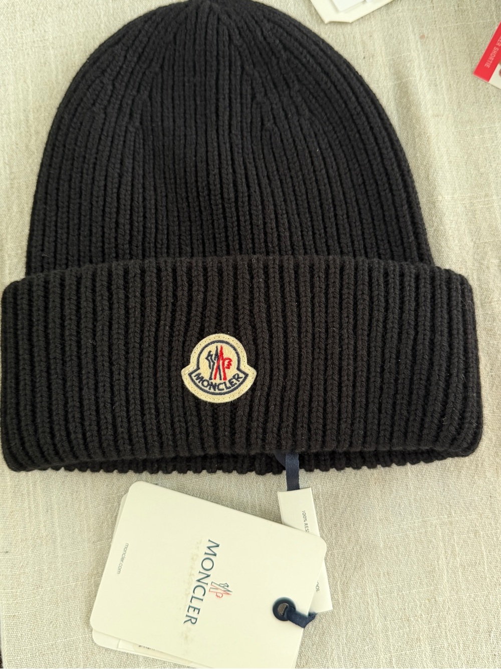 Unisex !Moncler Black Ribbed Cuffed Logo Beanie